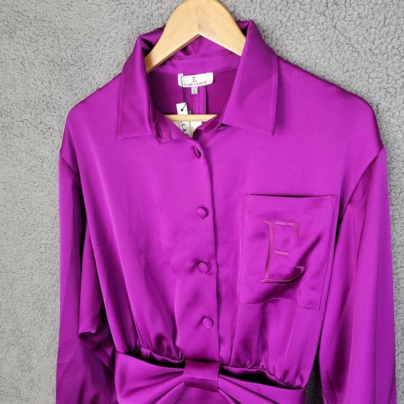Ellae Lisque Purple Satin Long Sleeve Side Slits Bow Front Dress Women's size L. - Picture 3 of 13